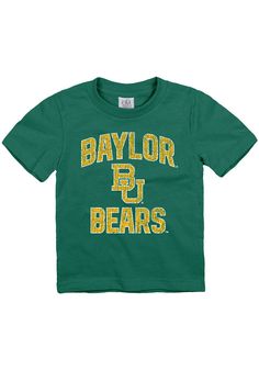 Get your future Bears fan ready for the tailgate in this Baylor Bears Toddler Green Short Sleeve Tee. This Baylor Tee features a screen print Baylor Bears Wordmark with BU team logo. Screen printed team graphic, Double needle hem on sleeve and bottom, Taped neck and shoulders, Set-in sleeves, Crew neck, Super soft cotton material, 100% Cotton Green Collegiate T-shirt With Letter Print, Collegiate Green Letter Print T-shirt, Green Game Day Top With Logo Print, Green Letter Print T-shirt For Fan Gear, Green T-shirt With Letter Print For Fans, Green Logo Print Top For Game Day, Green Tops With Logo Print For Game Day, Green Cotton T-shirt For Game Day, Green Cotton T-shirt For Sports Events