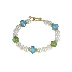 Refresh your look with this beaded bracelet. This bracelet features green and aqua colors inspired by exotic beaches, the gentle summer breeze and feminine elegance. Refresh your look with this beaded bracelet. This bracelet features green and aqua colors inspired by exotic beaches, the gentle summer breeze and feminine elegance. Length: 7 in. Clasp: toggle Metal: alloy Plating: gold tone Finish: polished Not appropriate for children 14 years old and younger. Size: One Size. Gender: female. Age Green Pearl Bracelet With Colorful Beads, Elegant Turquoise Aquamarine Beaded Bracelets, Elegant Green Pearl Bracelet, Elegant Green Hand-strung Pearl Bracelet, Hand-strung Green Jade Beaded Bracelets, Feminine Elegance, Aqua Beads, Exotic Beaches, Green Aqua