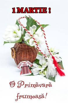 a greeting card with flowers in a wicker basket and the words i martie e primavara frumaosa