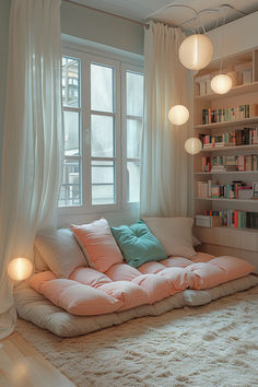 reading corner, home library, small library, reading nook Room Corner Ideas Bedroom, Books Corner Bedroom, White Reading Room, Cosy Corner In Bedroom, Cute Small Library, Small Bedroom Library Ideas, Aesthetic Corner Ideas, Cozy Room Corner Ideas, Cute Reading Corners