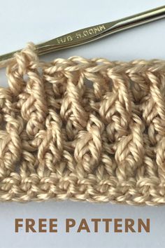 the crochet stitch is being worked on by a pair of knitting needles with text overlay that says, ` free pattern '