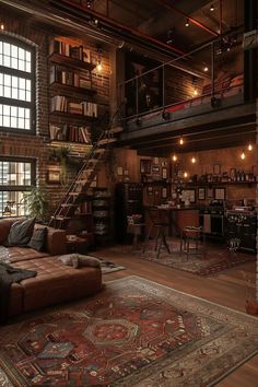 a living room filled with lots of furniture and bookshelves next to a window