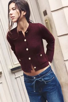 GOLDEN BUTTON KNIT CARDIGAN - Maroon | ZARA United States Burgundy Cardigan Outfit, 2023 Wishlist, Maroon Cardigan, Burgundy Cardigan, Zara Cardigan, Jeans Cargo, Cardigan Sweater Dress, Leather Shirt, Knit Jacket