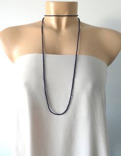 Long dainty beaded navy blue necklace, layering necklace, boho necklace, blue seed bead necklace, na Blue Long Beaded Necklace With Tiny Beads, Elegant Blue Beaded Necklaces With Black Beads, Elegant Blue Beaded Layered Necklace, Blue Multi-strand Necklace With Tiny Beads, Navy Blue Outfits, Blue Seed Bead Necklace, Navy Blue Necklace, Navy Blue Outfit, Silver Bar Bracelet