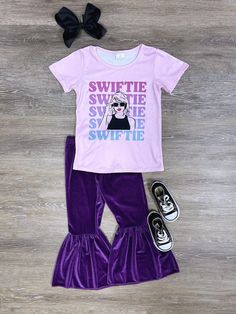 Swiftie Fan Purple Velvet Bell Bottoms Girls Outfit - Sydney So Sweet Velvet Bell Bottoms, Ohio Girls, Lavender Shirt, Thanksgiving Fashion, Easter Fashion, Girls Boutique Clothing, Silk Bottoms, Outfit Pink, Kids Boutique Clothing