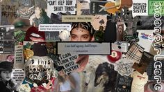 a collage of images with words and pictures on them, including an image of a woman's face