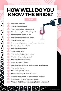 a pink and black poster with the words how well do you know the bride?