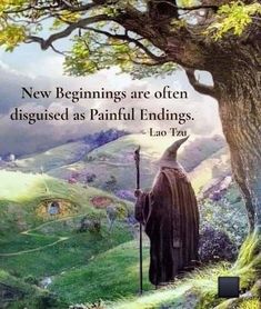 a painting of a man standing under a tree with a bible verse about new beginnings are often disguised as painful endings