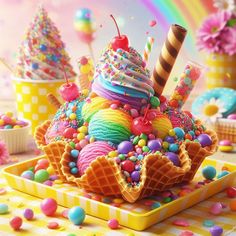 an ice cream sundae with sprinkles and candy