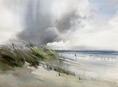 watercolor painting of people walking on the beach under an overcast sky with clouds