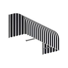 a black and white striped awning on top of a metal pole with an open end