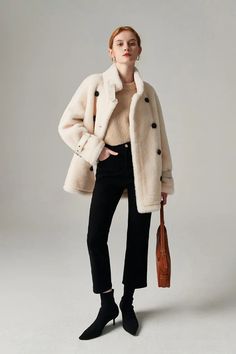 Fibflx Women's Oversized Double-breasted Brown Shearling Coat With Stand Collar Luxury Outerwear With Stand Collar, Elegant Shearling Outerwear For Fall, Elegant Fall Shearling Outerwear, Winter White Sheepskin Outerwear For Fall, Elegant Long Shearling Coat, Shearling Fur Coat With Long Sleeves For Work, Classic Beige Fur Coat For Workwear, Elegant Shearling Outerwear For Winter, Elegant Winter Shearling Outerwear