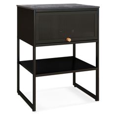 a black night stand with an open drawer and shelf on the bottom, in front of a white background