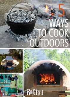 an outdoor fire pit and grill with the words 5 ways to cook outdoors on it