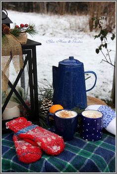 two mugs are sitting on a blanket with mitts