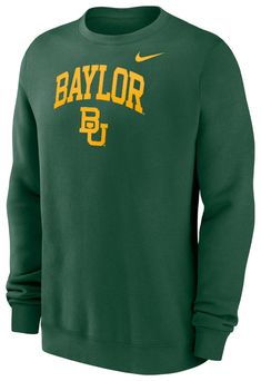 Design Long sleeve, crew neck sweatshirt Rib knit cuffs, bottom hem, and neckline Brushback fabrication Standard fit Style and Team Spirit Screen-printed team graphic at center chest Swoosh™ design trademark screen-printed under wordmark Additional Details Machine washable Officially licensed collegiate product Baylor Sweatshirt, Pt School, Arch Logo, Baylor Bear, Fit Style, Knit Cuff, Team Spirit, Nike Men, Fitness Fashion