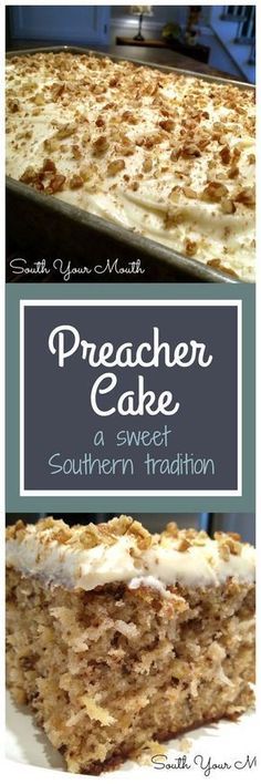 a cake with white frosting on top and the words preacher cake written above it