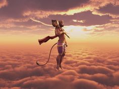 a man flying through the air while holding on to a monkey's tail in front of a cloudy sky