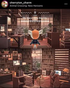 an animated character is standing in front of a library full of books and desks