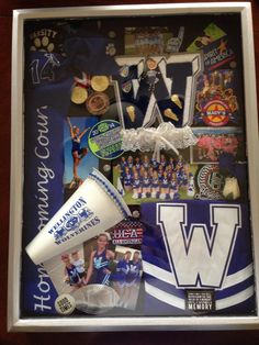 the washington huskies collage is displayed in a shadow box with other sports related items