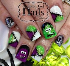 Halloween Frankenstein Nails, Classy Halloween Nails, Nails 2023 Winter, Nail Art Designs Halloween, 2023 Winter Nails, Halloween Toe Nails, Sculpted Gel Nails, Occasion Nails