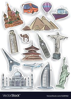 various travel stickers with the symbols of different countries and their monuments on them, including the statue of liberty