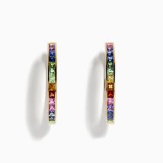 Effy Watercolor 14k Gold Princess Cut Multi Sapphire Hoop Earrings Fine Jewelry Multi-stone Hoop Earrings For Anniversary, Elegant Rainbow Hoop Jewelry, Multicolor Fine Jewelry Hoop Earrings As Gift, Elegant Rainbow Colored Hoop Jewelry, Multicolor Multi-stone Hoop Earrings, Multicolor Hoop Jewelry For Anniversary, Multicolor Gemstone Hoop Earrings In Fine Jewelry Style, Fine Jewelry Multicolor Hoop, Fine Jewelry Multicolor Hoop Earrings