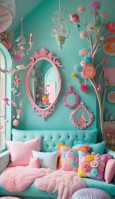 a living room filled with lots of colorful furniture and decor on top of a blue wall