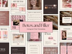 a collage of images with the words botox and filler in pink on them