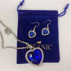 Titanic Jewelry, Blue Crystal Necklace, Ocean Heart, Ocean Necklace, Ocean Jewelry, Love Pendant, Love Forever, Crystal Necklace Pendant, Velvet Bag