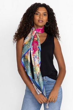 Crafted from 100% silk, the Silk Fiorah Scarf adds a touch of whimsy to any look. Featuring a bold selection of brilliant floral patterns against a sumptuous backdrop, this bold scarf is finished with decorative tassels at the corners. Add to a traditional work look for a bold pop of color. Johnny Was Women's Fiorah Silk Scarf in Fiorah Scarf Print Pink, 100% Silk, Floral Embroidered Jeans, Boho Chic Outfits, Johnny Was, Work Looks, Pink Print, Scarf Print, Silk Scarf, Boho Chic, Floral Pattern