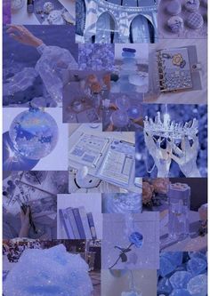 the collage shows many different things in blue and white colors, including snowflakes