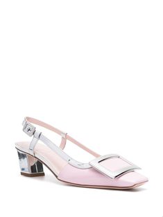 silver-tone/rose pink calf leather patent finish metallic effect logo-buckle detail silver-tone hardware square toe buckle-fastening slingback strap leather lining branded footbed 45mm block heel This item is in size 35½ and the color is Pink Luxury Slingback Pumps With Buckle And Square Toe, Luxury Slingback Pumps With Square Toe And Buckle, Luxury Slingback Pumps With Buckle Closure And Square Toe, Luxury Pink Slingback Pumps, Luxury Pink Slingback Pumps With Heel Strap, Modern Pink Heels With Buckle Closure, Designer Pink Slingback Pumps For Formal Occasions, Pink Luxury Slingback Pumps, Designer Silver Leather Slingback Pumps