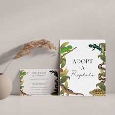 the front and back of a wedding card with an image of a frog on it