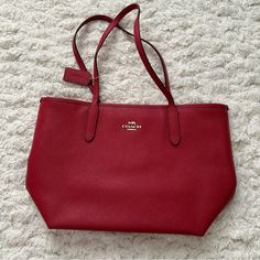 Coach Red Handbag/Shoulder Bag -3 Interior Pockets Burgundy Shopping Bags, Red Satchel For Daily Use With Dust Bag, Elegant Red Shoulder Bag For On-the-go, Red Tote Shopping Bag, Red Tote Bag For Shopping, Classic Red Bag With Large Capacity, Classic Red Bags With Large Capacity, Classic Red Satchel With Leather Handles, Red Tote Bag With Leather Handles