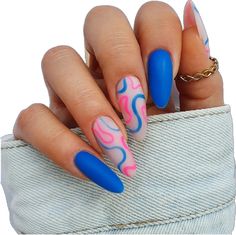 Neon Pink And Blue Nails, Dark Blue And Pink Nails, Pink And Blue Nails Design, Pink And Blue Nails, Nail Designs Pink, Royal Blue Nails Designs, Blue And White Nails, Blue Coffin Nails