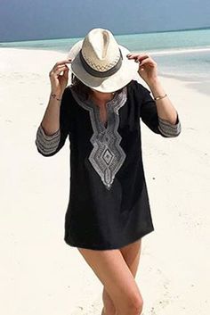 Black Summer Boho Embroidered V Neck Loose Blouse Black V-neck Blouse For Beach, Black Embroidered Summer Blouse, Summer Beach Blouse With Geometric Embroidery, Black Embroidered V-neck Top For Summer, Black V-neck Embroidered Top For Summer, Summer Beach Top With Geometric Embroidery, Black Floral Embroidered Blouse For The Beach, Beach Long Sleeve Tops With Geometric Embroidery, Long Sleeve Tops With Geometric Embroidery For Beach