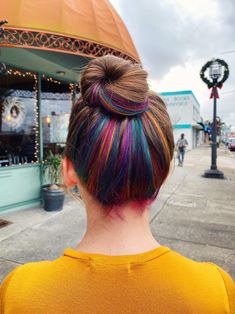 Peekaboo Hair Color Ponytail, Fun Hidden Hair Color Ideas, Peekaboo Hair Color Underneath, Dip Dye Short Hair Brunette, Hidden Colored Hair, Peeka Boo Highlights Brunettes, Winter Peekaboo Hair, Under Hair Color Blond, Underneath Color Hair