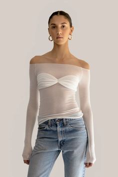 LA SIRENA TOP | Orseund Iris White Long Sleeve Going Out Top, Airy Styles Fashion, White Sheer Long Sleeve Top, Oresund Iris Top, Elegant Ruched Off-shoulder Top For Spring, Ruched Off-shoulder Fitted Top, Chic Stretch Off-shoulder Mesh Top, Spring Off-shoulder Fitted Long Sleeve Top, Chic Ruched Off-shoulder Fitted Top