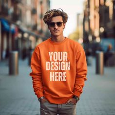 Elevate your sweatshirt designs with this premium Orange Gildan 18000 Sweatshirt Mockup! 🚀 Ideal for Etsy sellers and designers, this crewneck men model mockup will make your designs stand out effortlessly.  WHAT IS INCLUDED: 📸 1 high-resolution JPG image, for showcasing you designs beautifully.  Once your payment is confirmed, you'll receive the download link via Etsy email and also find it in your Etsy profile's purchase section.  HOW TO USE: Simply overlay your design onto the mockup using Streetwear Branding Crew Neck Sweatshirt, Streetwear Crew Neck Sweatshirt With Branding, Branded Crew Neck Sweatshirt For Streetwear, Long Sleeve Sweater For Streetwear With Branding, Fall Crew Neck Sweater With Branding, Long Sleeve Sweater For Streetwear, Streetwear Crew Sweater With Branding, Crew Neck Sweater For Streetwear With Branding, Casual Sweatshirt With Branding For Customization