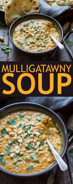 two bowls filled with soup on top of a wooden table