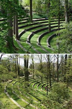 two different views of an outdoor theater in the woods