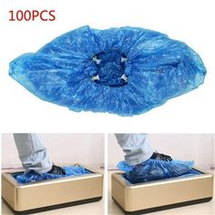 two pictures show the process of cleaning and dispenseing shoes with blue plastic bags