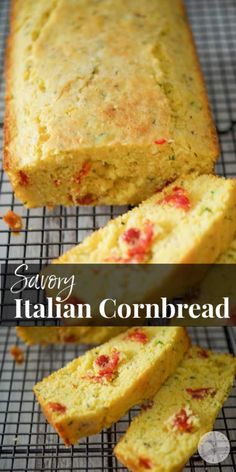 a loaf of italian cornbread on a cooling rack with the words savory italian cornbread