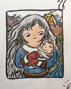 a drawing of a woman holding a baby in her arms and looking at the sky