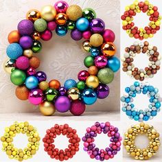 christmas ornaments are arranged in different colors and sizes to make a holiday ornament wreath