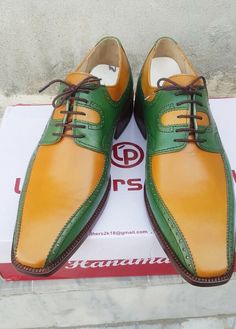 Bespoke Handmade Men Unique Yellow Green Leather Contrast Oxford Dress Shoes on Storenvy Luxury Green Oxfords With Branded Insole, Luxury Green Leather Shoes With Brogue Detailing, Yellow Leather Shoes With Brogue Detailing, Luxury Men's Green Leather Shoes, Green Leather Slip-on Oxfords, Quality Leather Boots, Custom Design Shoes, Oxford Dress Shoes, Shoe Crafts