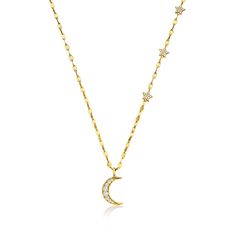 Ross-Simons - .40ct t. w. Cubic Zirconia Moon, Star Necklace in 18kt Gold Over Sterling. 18". From Italy, this celestial necklace brings an enchanting spirit to your style. A fabulous lumachina chain hosts a crescent moon pendant and sparkling star stations, all aglow with .40 ct. t. w. round brilliant-cut CZs. Finely crafted in polished 18kt yellow gold over sterling silver. Includes a 2" extender. Lobster clasp, CZ moon and star necklace. CZ weights are diamond equivalents. Moon And Star Necklace, Star And Moon Necklace, Gold Moon Necklace, Mom Ring, Crescent Moon Pendant, Celestial Necklace, Sparkling Stars, Moon Pendant Necklace, Natural Gold