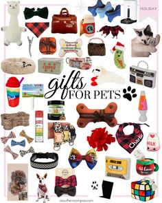 gifts for pets are displayed on a white background with the words, gifts for pets