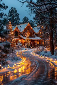 a house is lit up with christmas lights in the snow and surrounded by pine trees